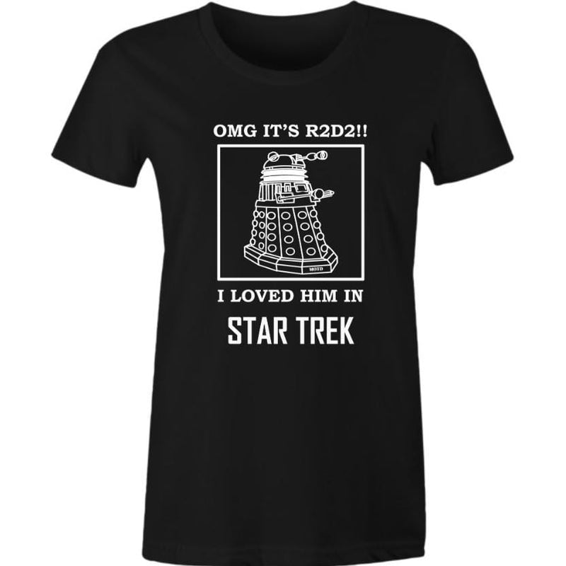 Black women's meme tee featuring 3 popular scifi movies Star Trek, Dr Who, Starwars in white print