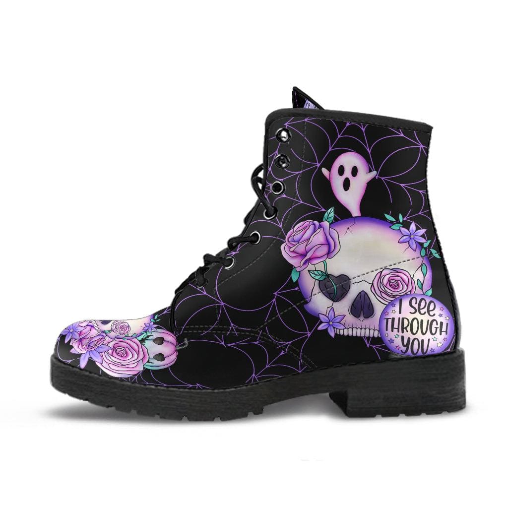 side view of the black pastel goth vegan pu boots with skulls, roses, ghosts, pumpkins