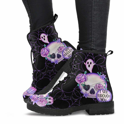 pastel goth girl wearing the black pastel goth vegan pu boots with skulls, roses, ghosts, pumpkins