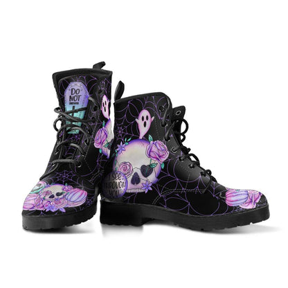 pair of the black pastel goth vegan pu boots with skulls, roses, ghosts, pumpkins