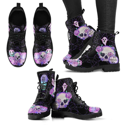 black pastel goth vegan pu boots with skulls, roses, ghosts, pumpkins, tombstone