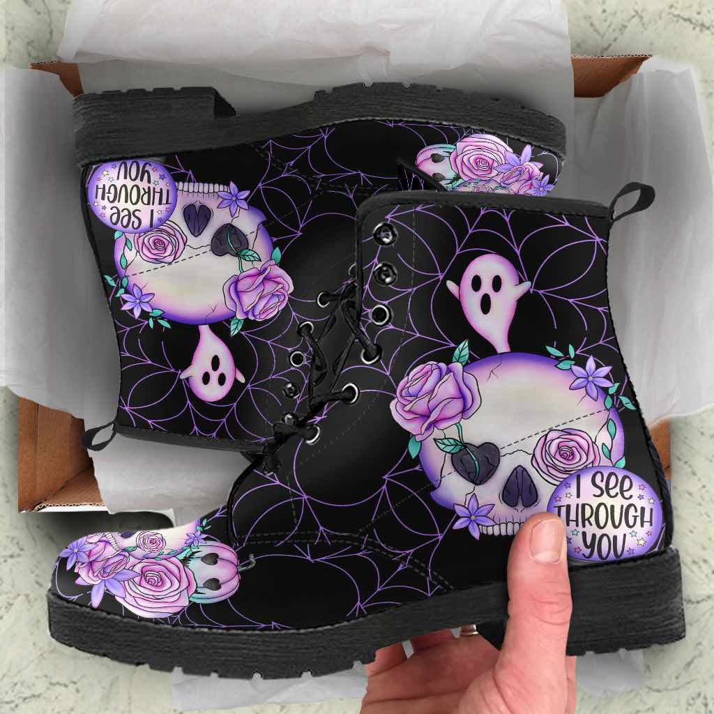 unboxing a present for a pastel goth, boots featuring pink roses and skulls and pastel colours
