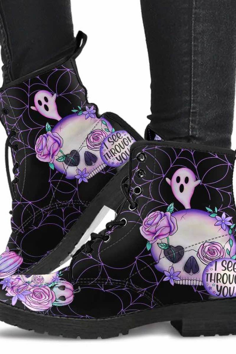 black pastel goth vegan pu boots with skulls, roses, ghosts, pumpkins