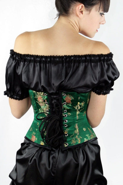back view of the Princess Jade & the Dragon Cincher An oriental inspired corset with stunning brocade in a strong waist cinching style. Hand made corsetry in Sydney,Australia. Victorian Chinese style corset.