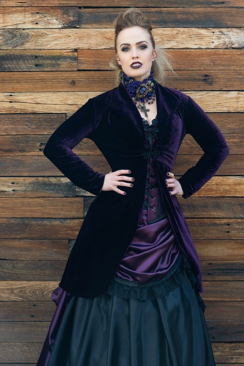 gothic fashion length dark purple stretch velvet womens bolero jacket made in Australia