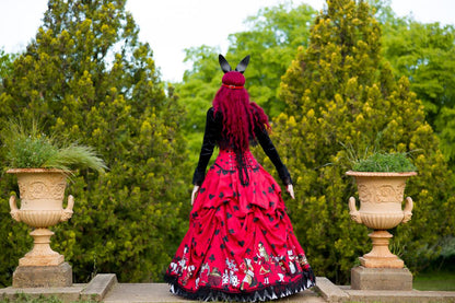 back view of the red black and white Alice in Wonderland Queen of Hearts victorian corset gown wedding dress made in Australia
