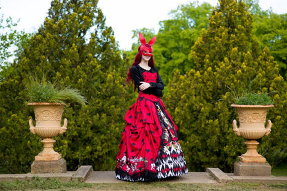 red black and white Alice in Wonderland Queen of Hearts victorian corset gown wedding dress made in Australia, side view  