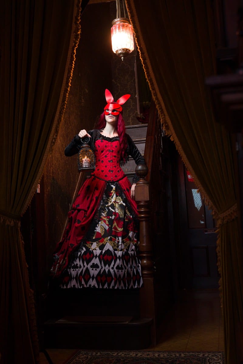 Alice in Wonderland Queen of Hearts made to measure corset gown at Gallery Serpentine being worn at a Haunted House photo shoot