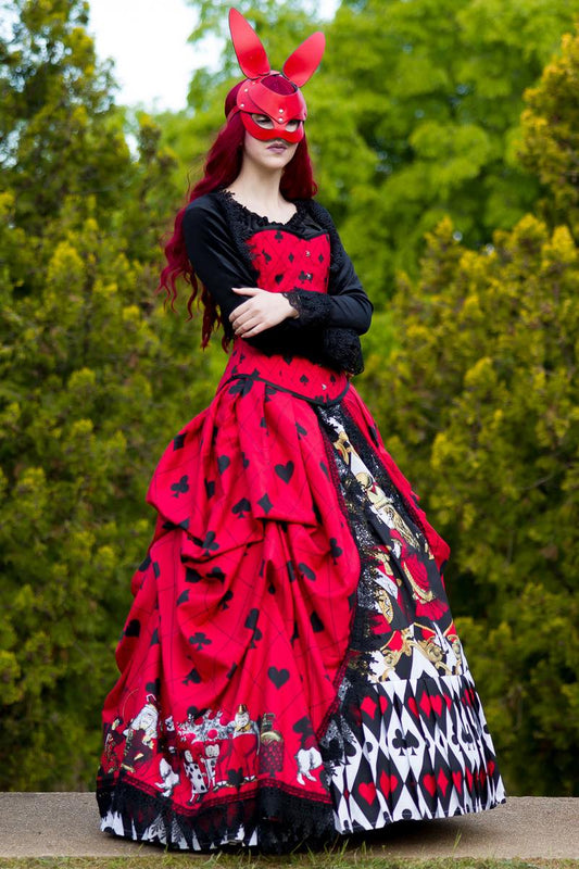 red black and white Alice in Wonderland Queen of Hearts victorian corset gown wedding dress made in Australia