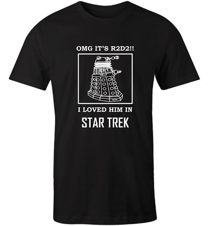 black men's AS tshirt printed with a funny sci-fi meme featuring a Dalek Star Trek and R2D2