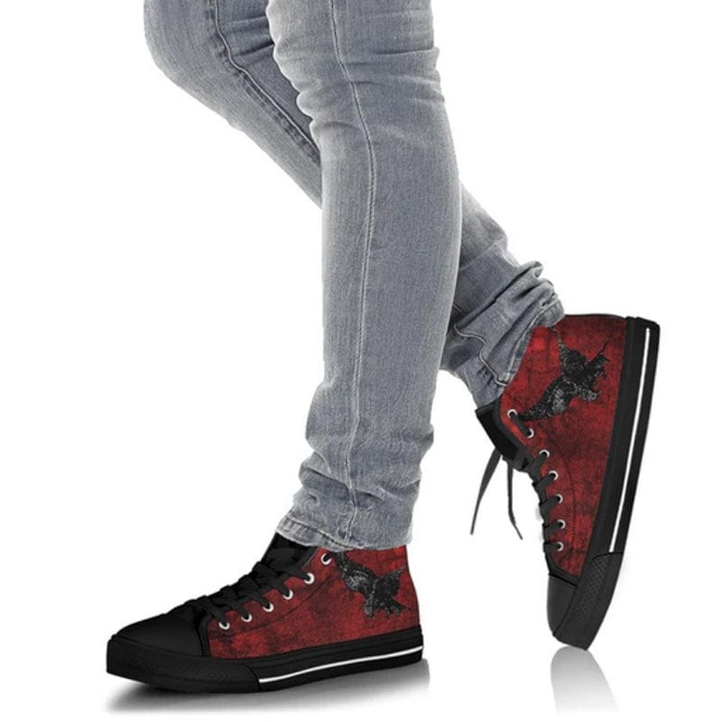 musician walking in the gothic sneakers blood red with gothic black ravens