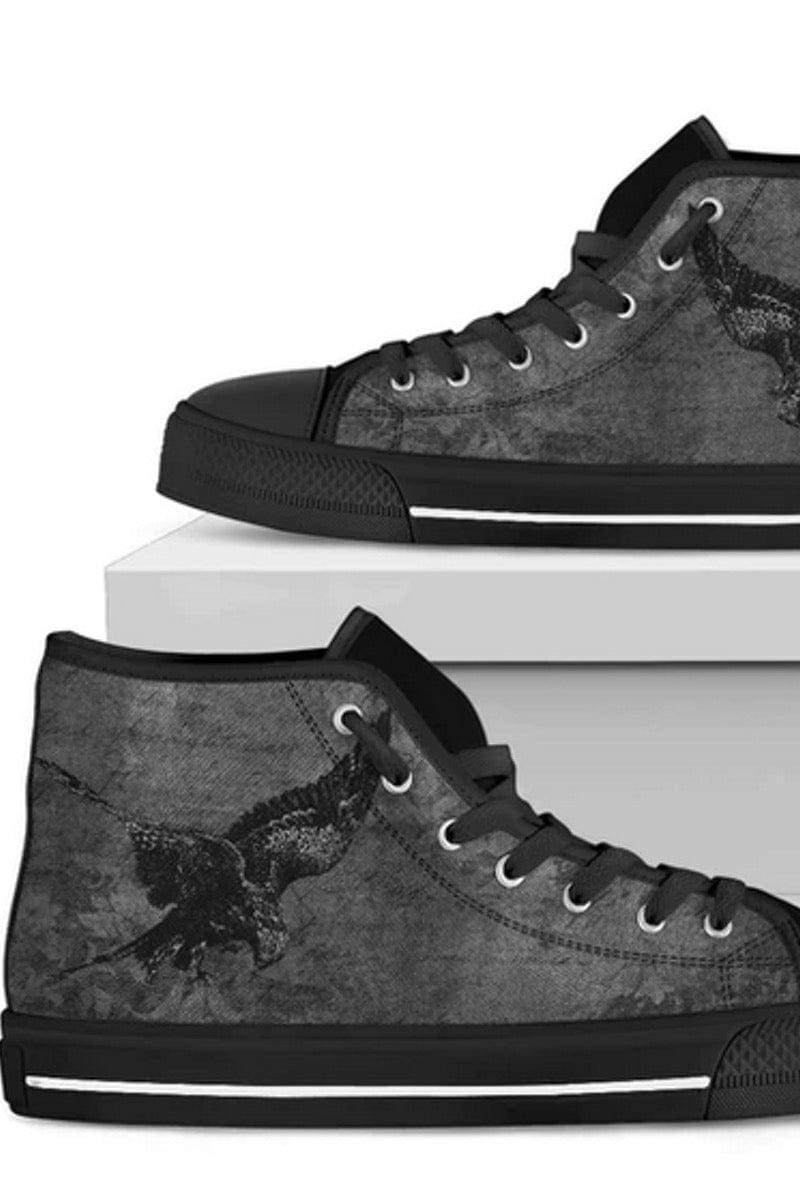 Storm Raven goth men's high top sneakers featuring a gothic black raven on a grey textured canvas background