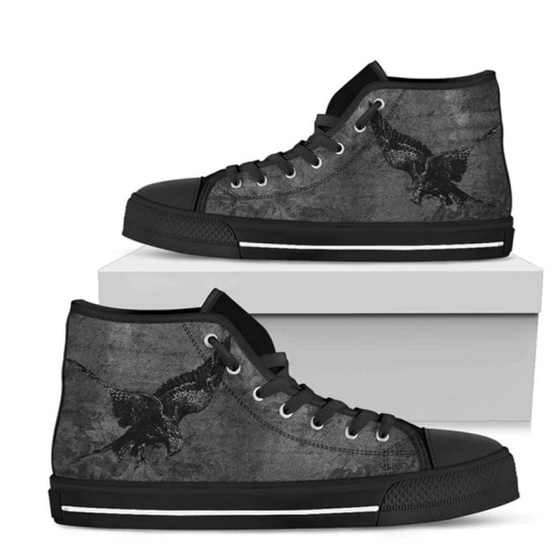 Storm Raven goth men's high top sneakers featuring a gothic black raven on a grey textured canvas background 1
