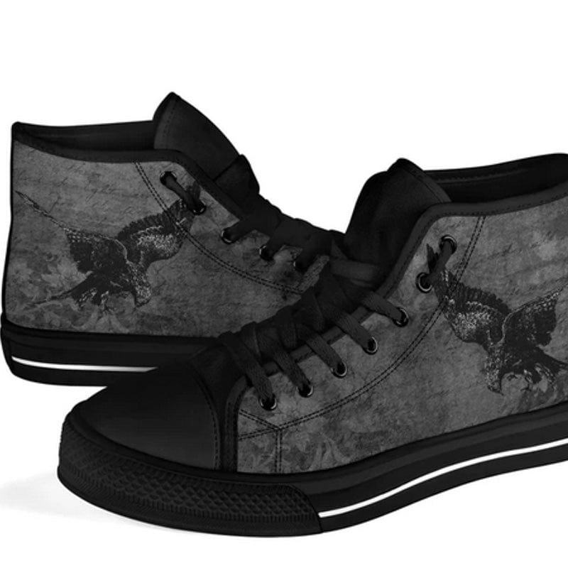 Storm Raven goth men's high top sneakers featuring a gothic black raven on a grey textured canvas background 3