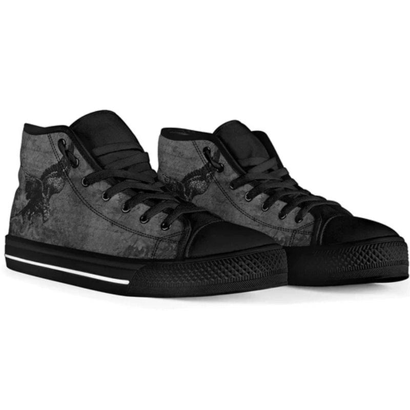 Storm Raven goth men's high top sneakers featuring a gothic black raven on a grey textured canvas background 4