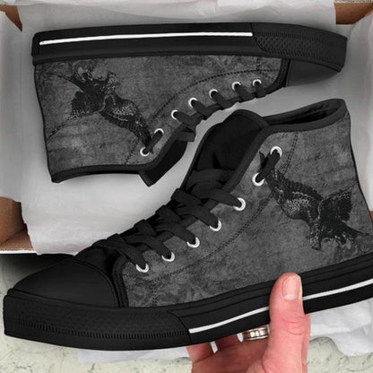 Storm Raven goth men's high top sneakers featuring a gothic black raven on a grey textured canvas background 2