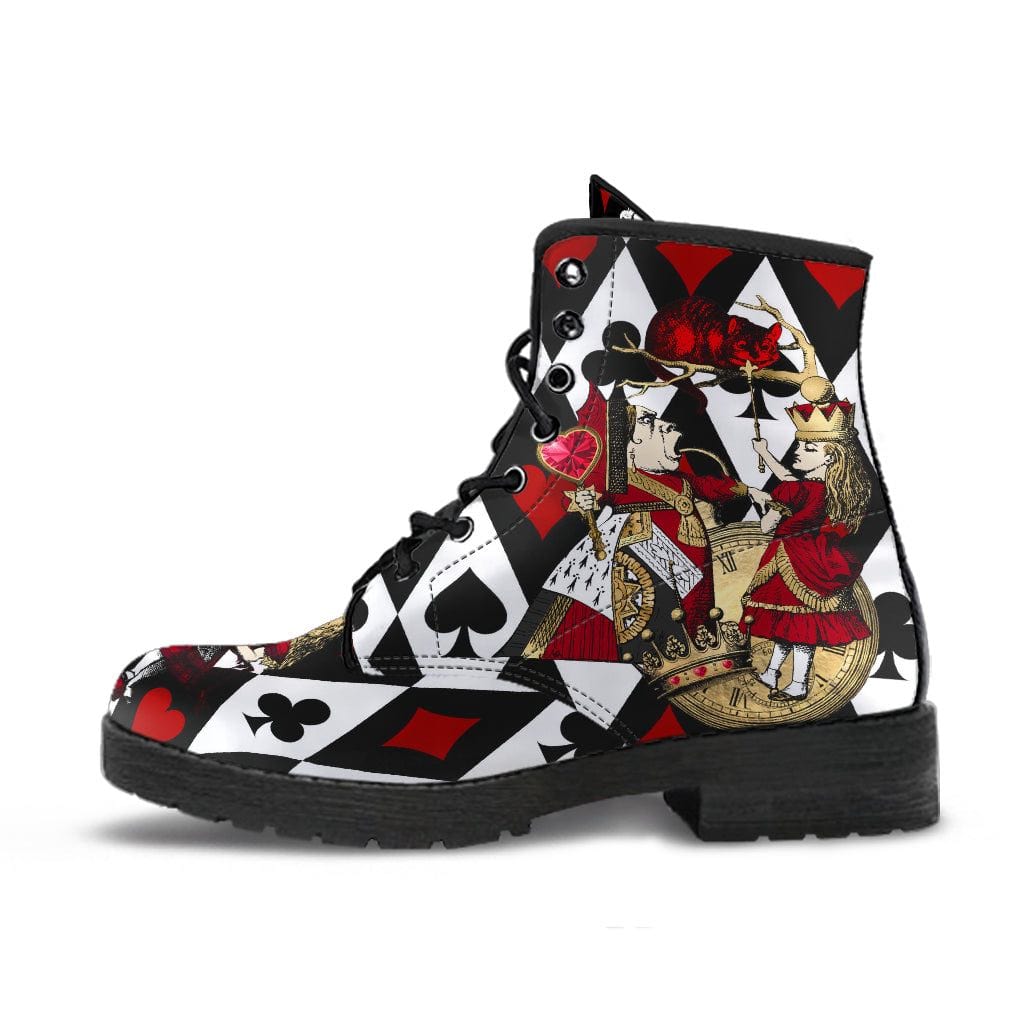 side close up view of the QUEEN OF HEARTS ALICE IN WONDERLAND PLAYING CARDS Vegan Womens Boots Black White Red Gold