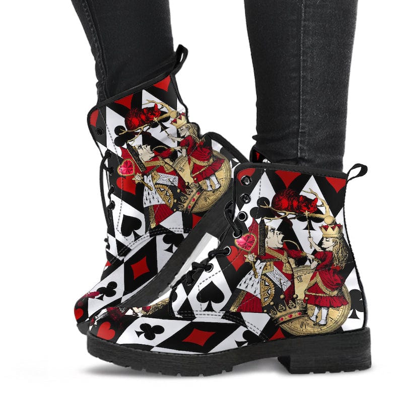 woman walking in the QUEEN OF HEARTS ALICE IN WONDERLAND PLAYING CARDS Vegan Womens Boots Black White Red Gold