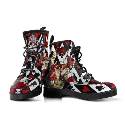 unlaced side and front views of the QUEEN OF HEARTS ALICE IN WONDERLAND PLAYING CARDS Vegan Womens Boots in Black White Red Gold
