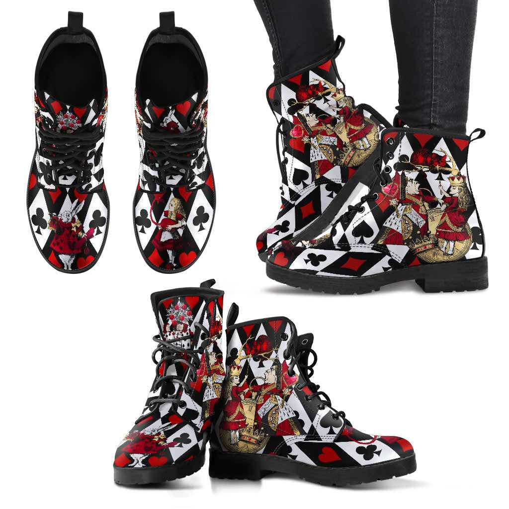 QUEEN OF HEARTS ALICE IN WONDERLAND PLAYING CARDS Vegan Womens Boots Black White Red Gold multiple views