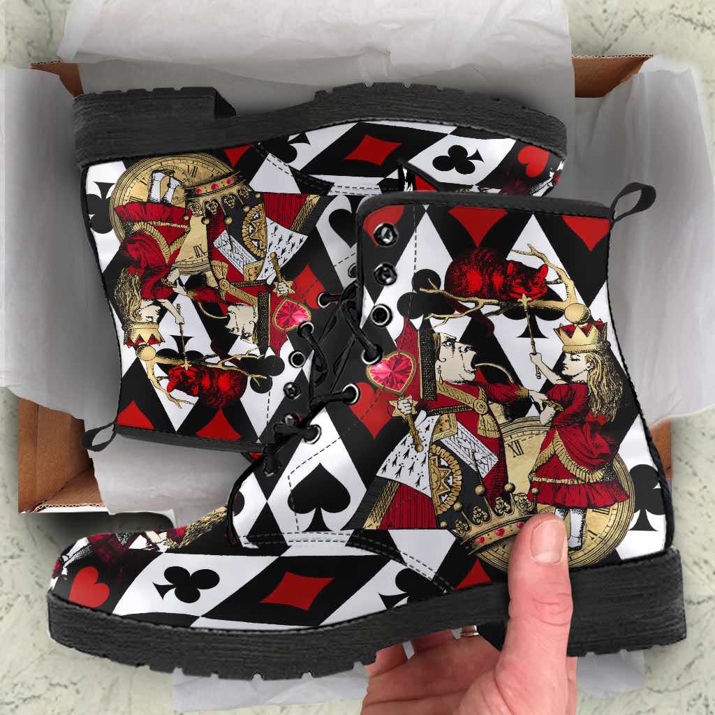 unboxing a gift of the QUEEN OF HEARTS ALICE IN WONDERLAND PLAYING CARDS Vegan Womens Boots Black White Red Gold