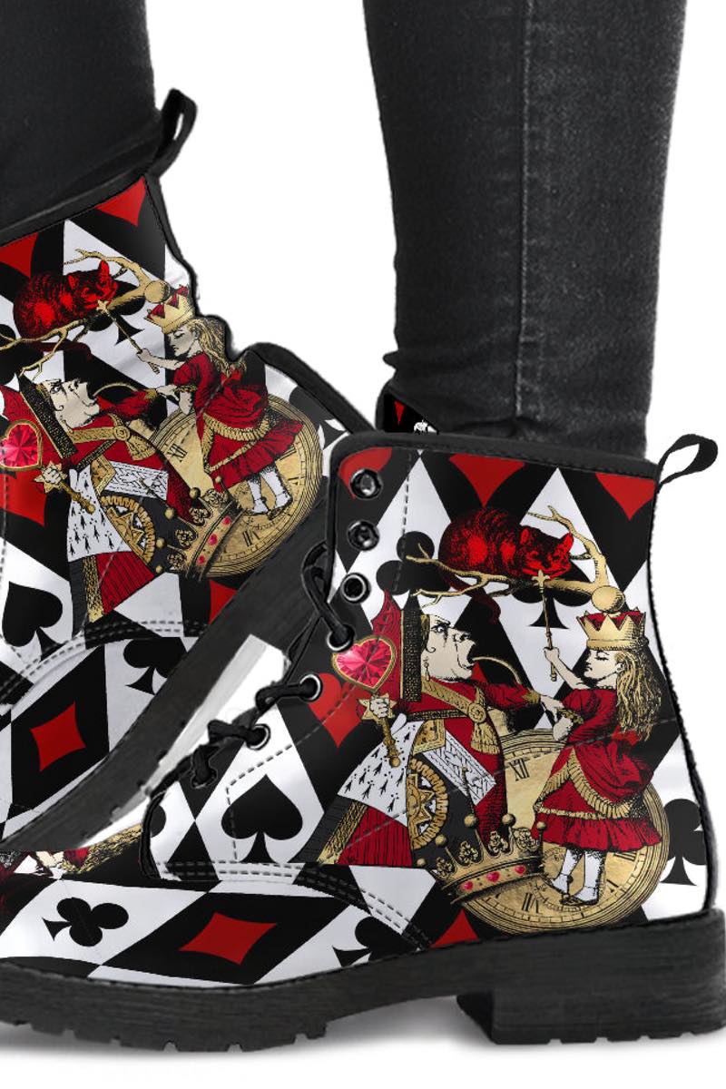 QUEEN OF HEARTS ALICE IN WONDERLAND PLAYING CARDS Vegan Womens Boots Black White Red Gold