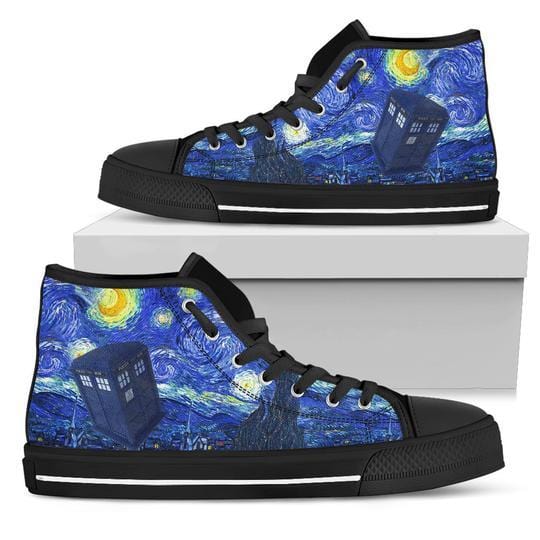 side view showing the Tardis on the when Van Gogh met the Doctor Tardis mens high top sneakers