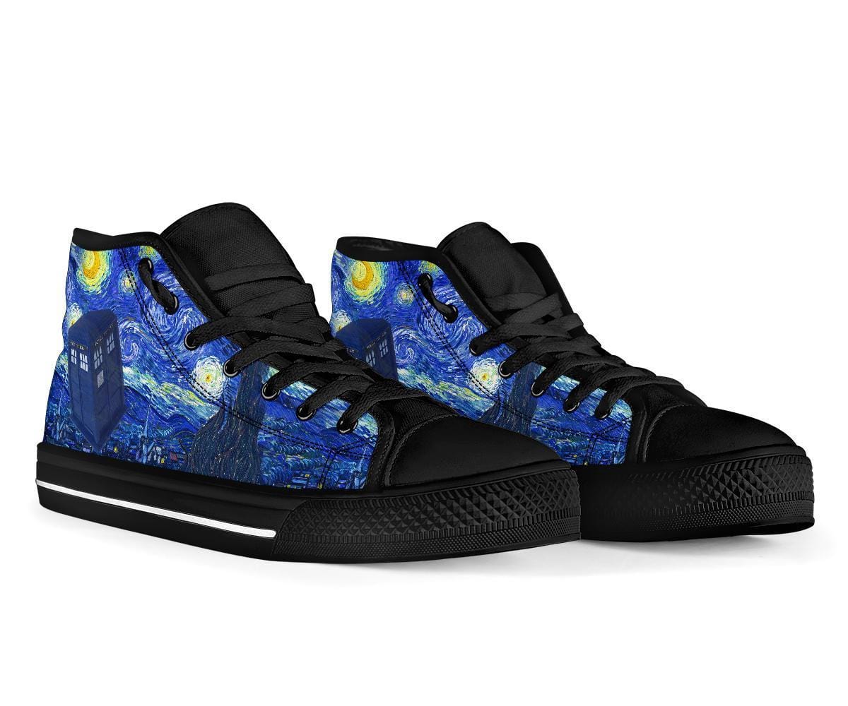 front side view of the when Van Gogh met the Doctor Tardis mens high top sneakers