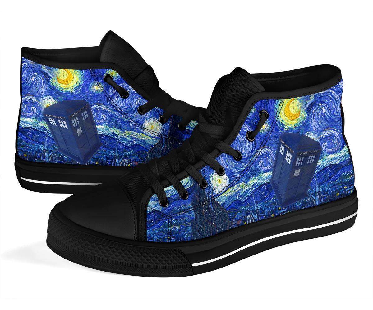 close up on the when Van Gogh met the Doctor Tardis mens high top sneakers