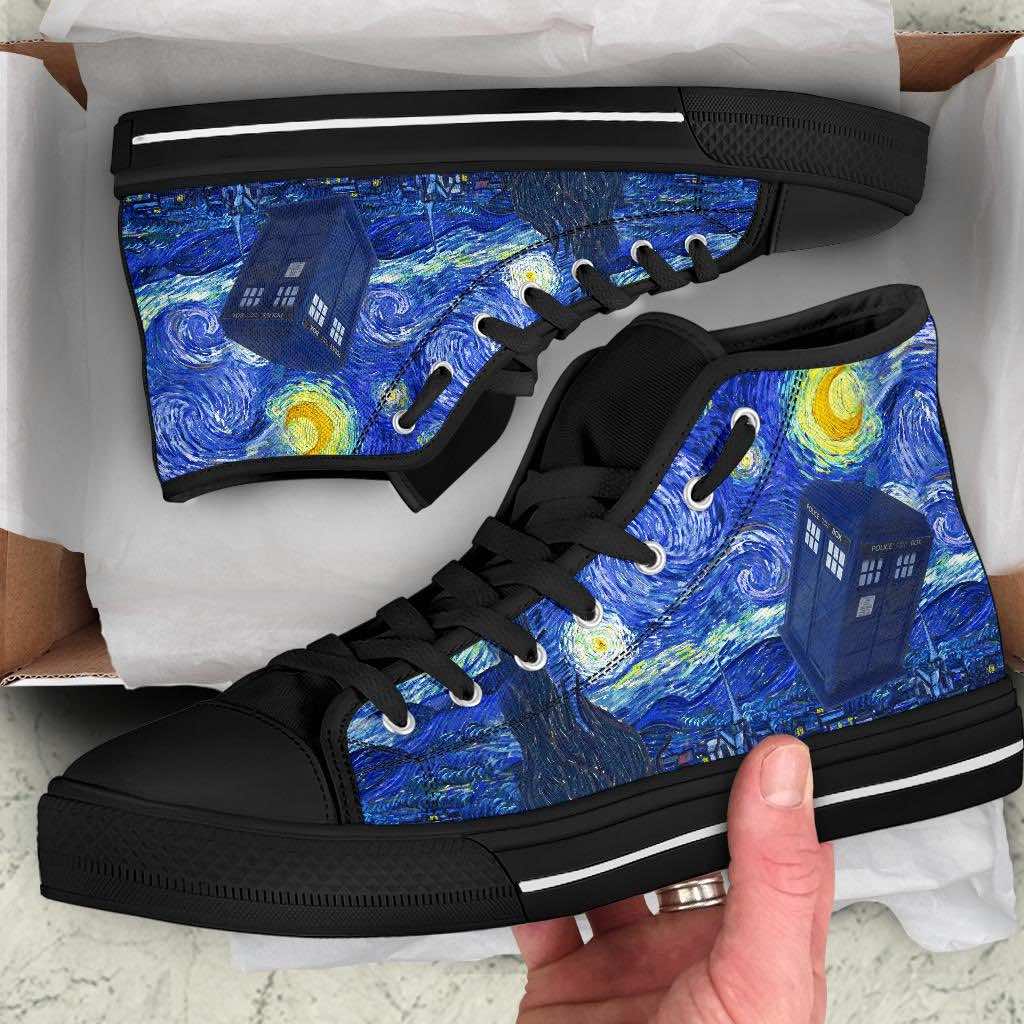 how the when Van Gogh met the Doctor Tardis mens high top sneakers look when unpacked