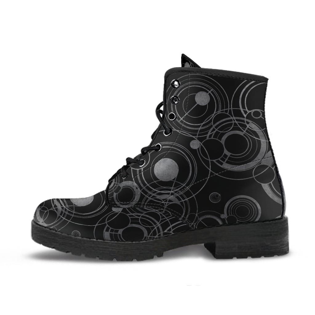 women's nerdy science gallifrey boots black and grey, vegan leather