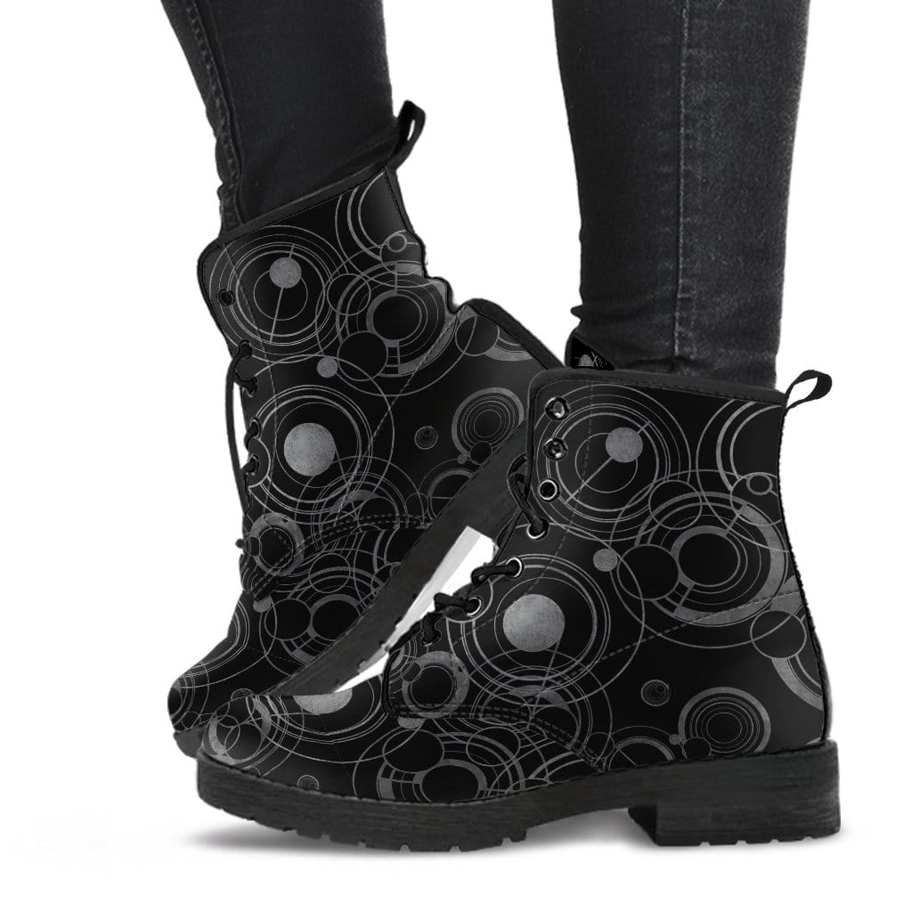 top scientist wearing the women's custom made Gallifrey Dr Who language boots in grey & black