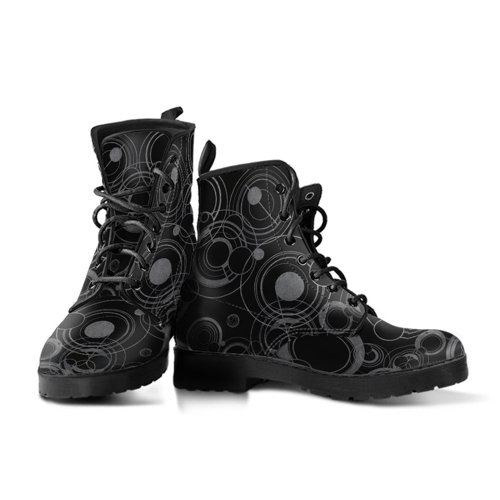 pair of the Gallifreyan Dr Who language boot for men in black and grey vegan leather