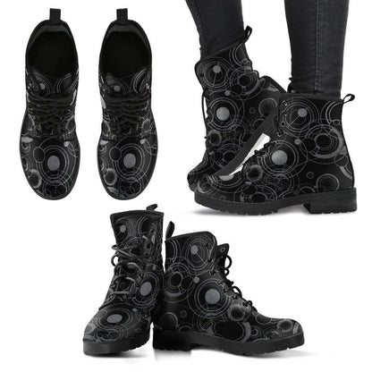 multiple views of the nerdy geek women's custom made Gallifrey Dr Who language boots in grey & black