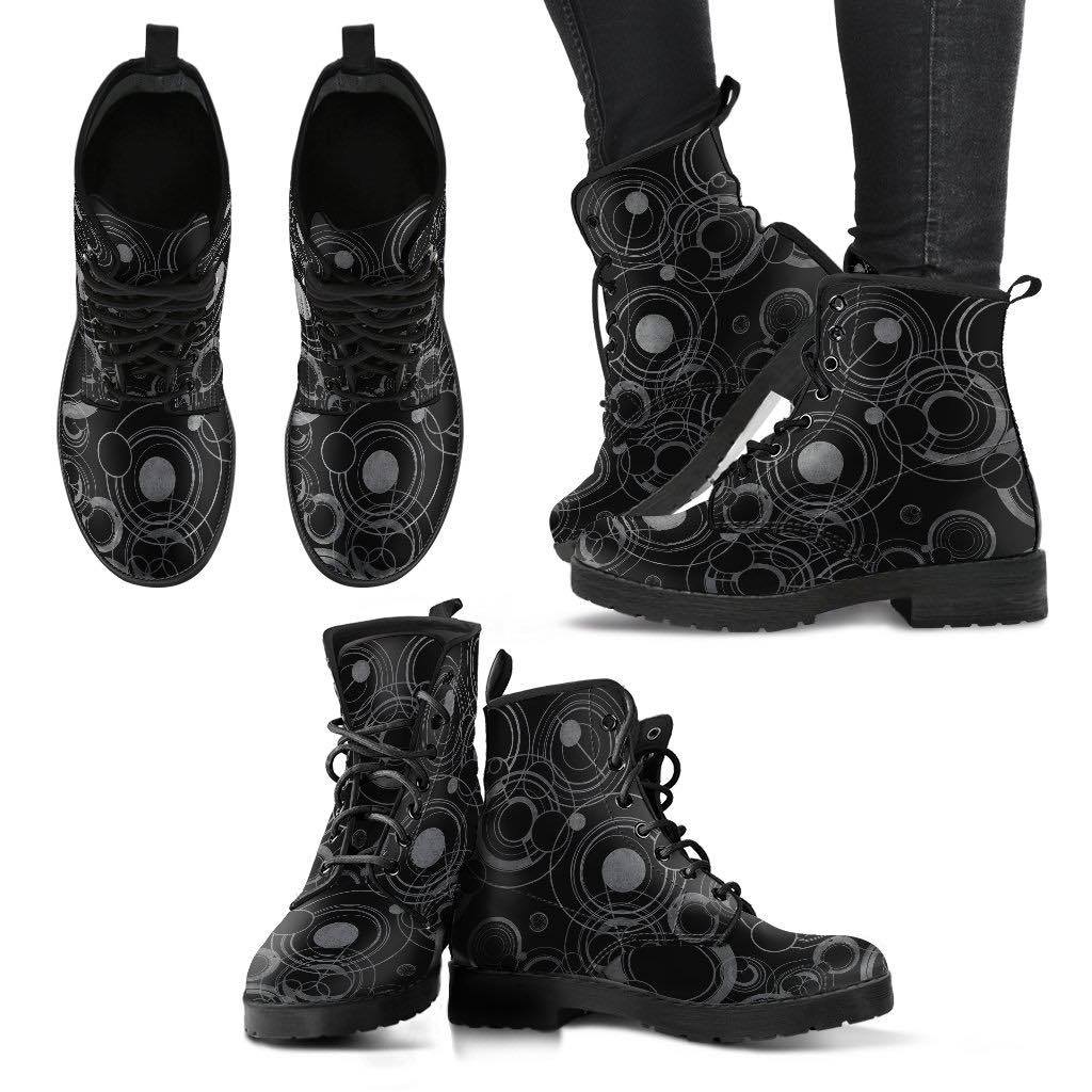 multiple views of the nerdy Gallifreyan Dr Who language boot for men in black and grey vegan leather