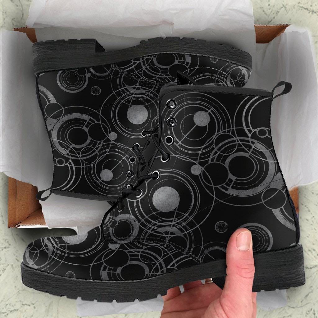 scientist unboxing the nerdy women's custom made Gallifrey Dr Who language boots in grey & black
