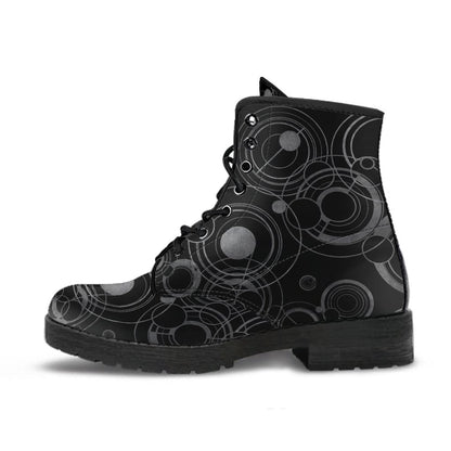 side profile of the Gallifreyan Dr Who language boot for men in black and grey vegan leather