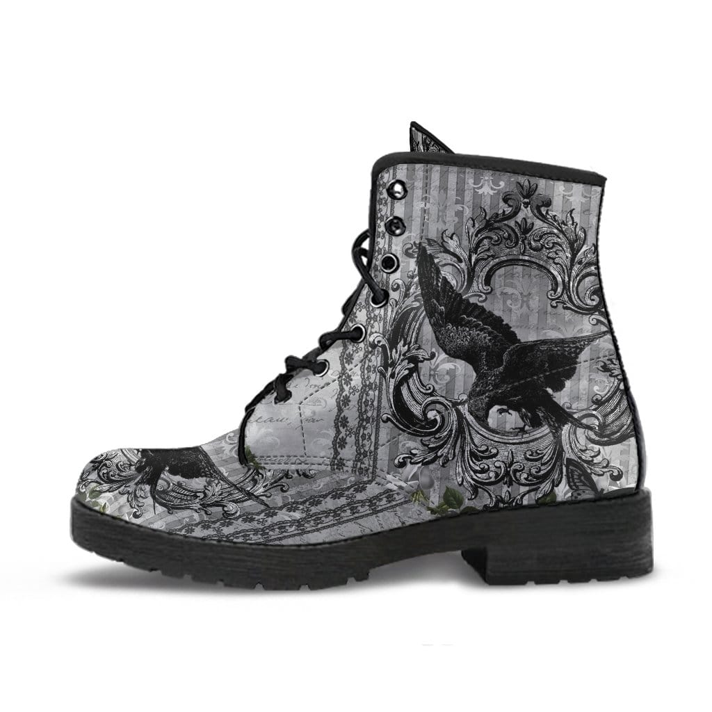 side view of the Black gothic raven vegan leather boots