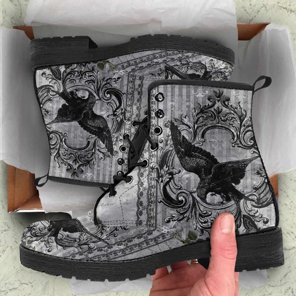 unboxing experience for a gothic person of the Black gothic raven vegan leather boots