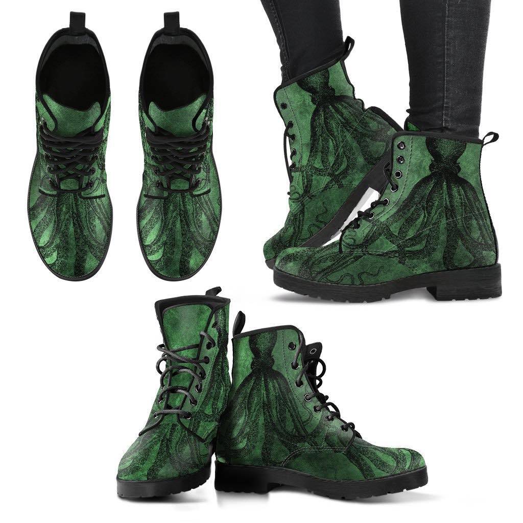 multiple views of the green gothic kraken womens vegan leather boots