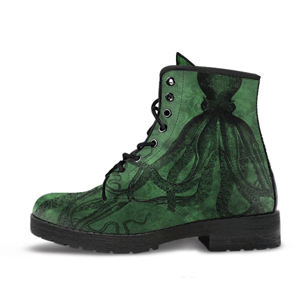 single side view of the green gothic kraken womens vegan leather boots