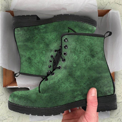 nature witch receiving the Green gothic grunge vegan leather boots as a gift
