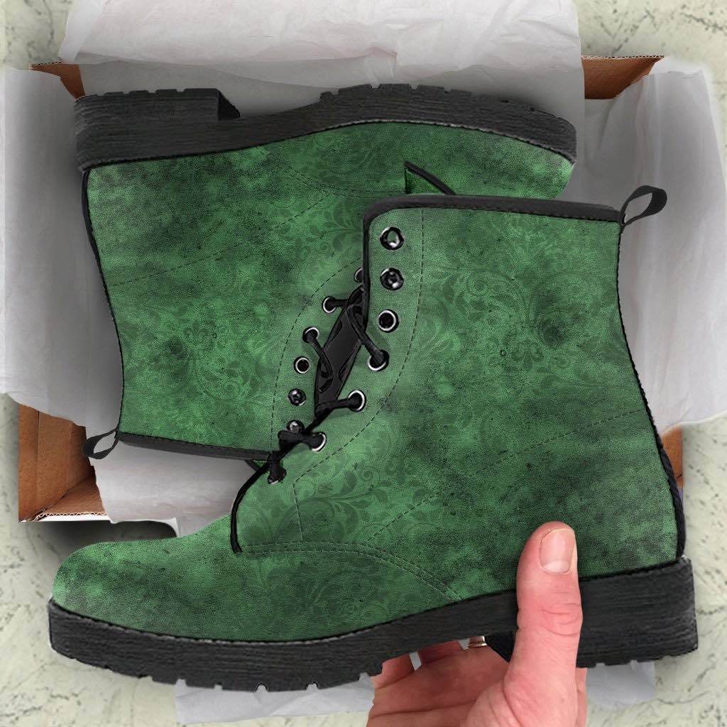 Biodiversity scientist unboxing the Men's green grunge gothic vegan leather combat boots