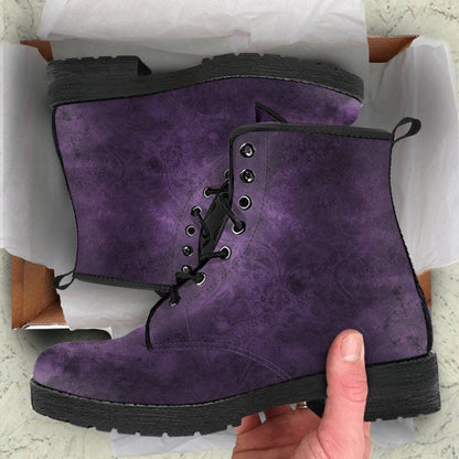 gothic public servant receiving the gothic purple men's vegan leather boots as a christmas gift