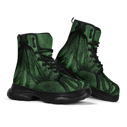side view of the chunky style unisex vegan leather goth boots with a sea green Kraken print