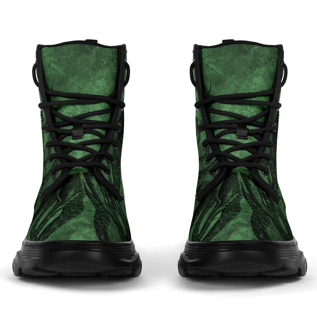 front view of the chunky style unisex vegan leather goth boots with a sea green Kraken print