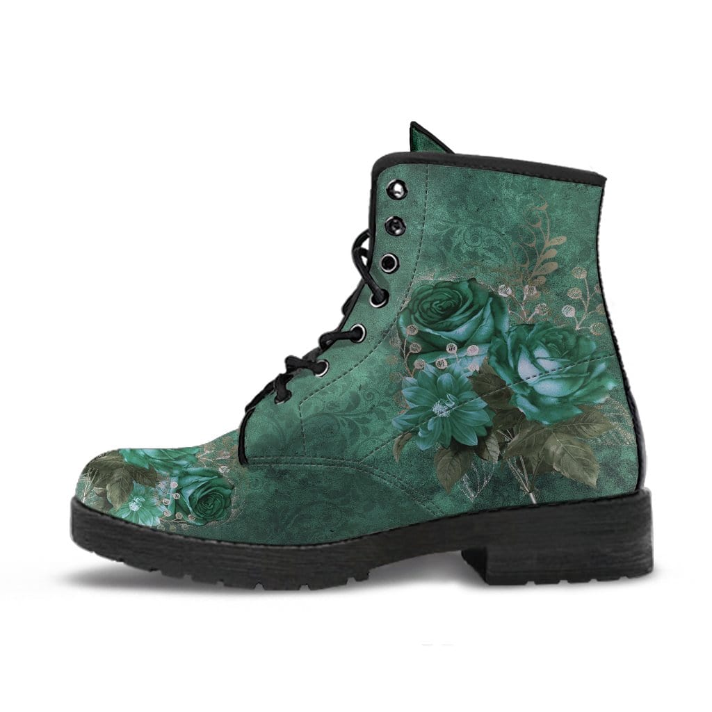 side view of the Romantic victorian green roses printed on women's vegan leather boots