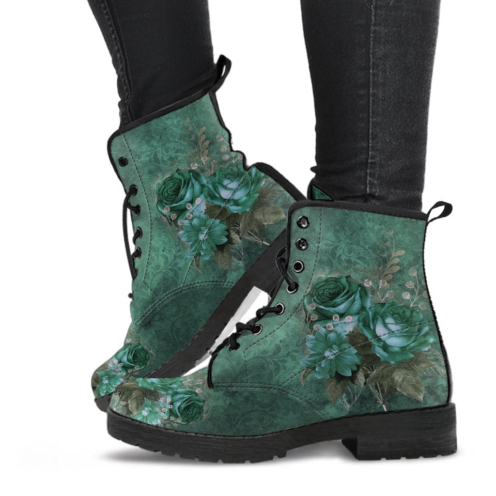 legs walking in the Romantic victorian green roses printed on women's vegan leather boots