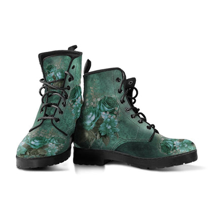 pair of the Romantic victorian green roses printed on women's vegan leather boots