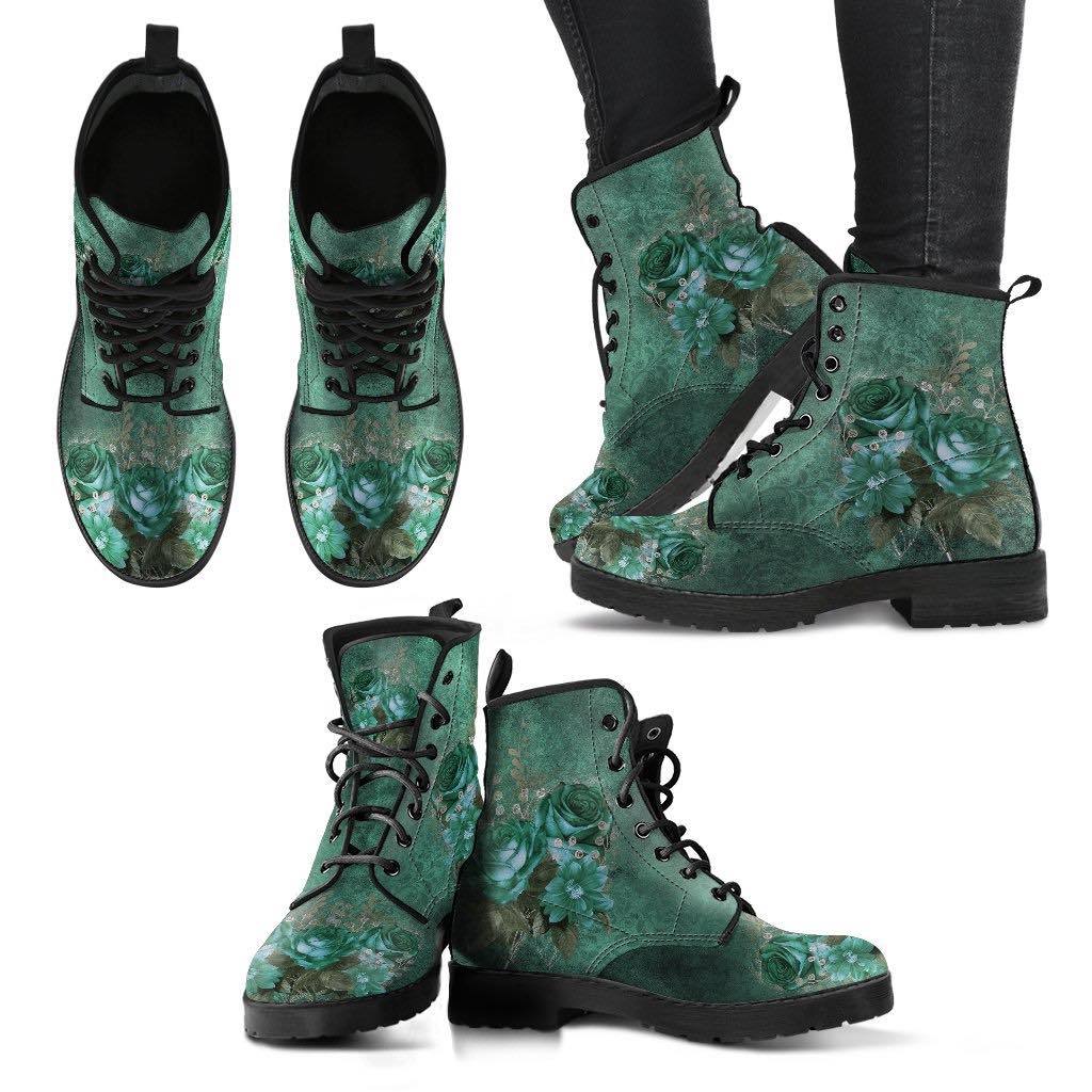 views of the top, front, sides of the Romantic victorian green roses printed on women's vegan leather boots